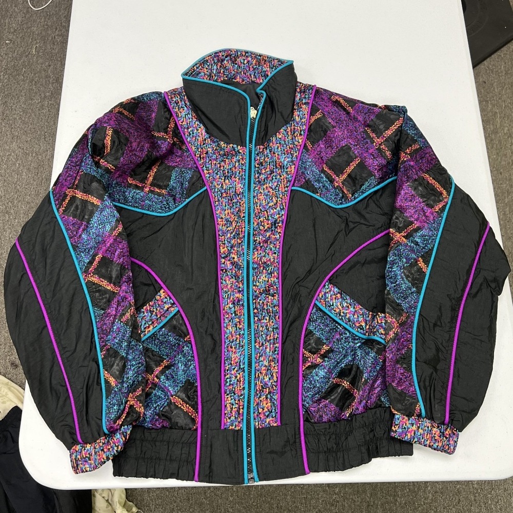 East West Windbreaker Jacket Womens Medium Black Multi 80s Retro Geometric Zip